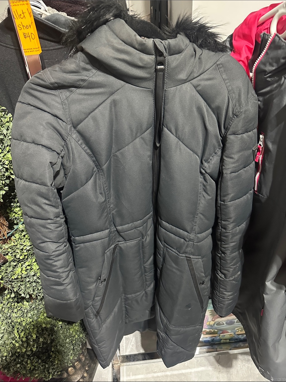 Guess Black Quilted Long Puffer Coat with Faux Fur Hood